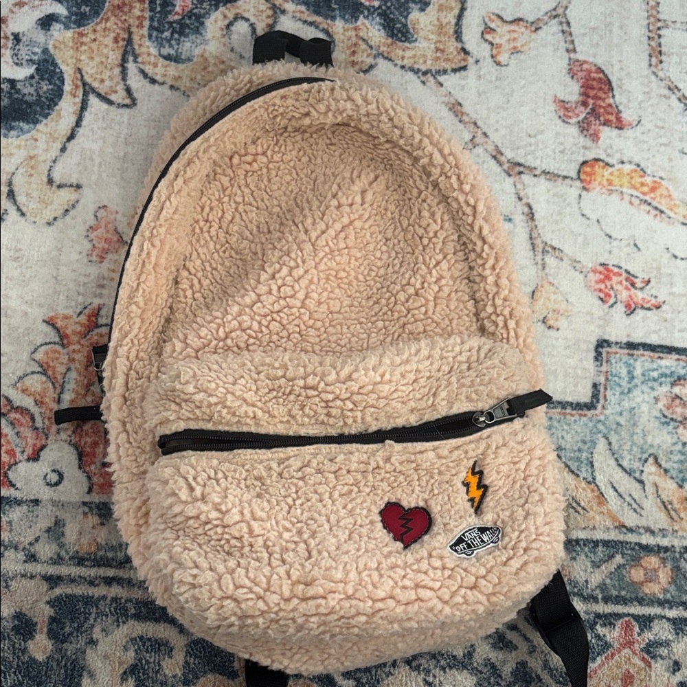 VANS Cozy Beige Sherpa Backpack with Patches